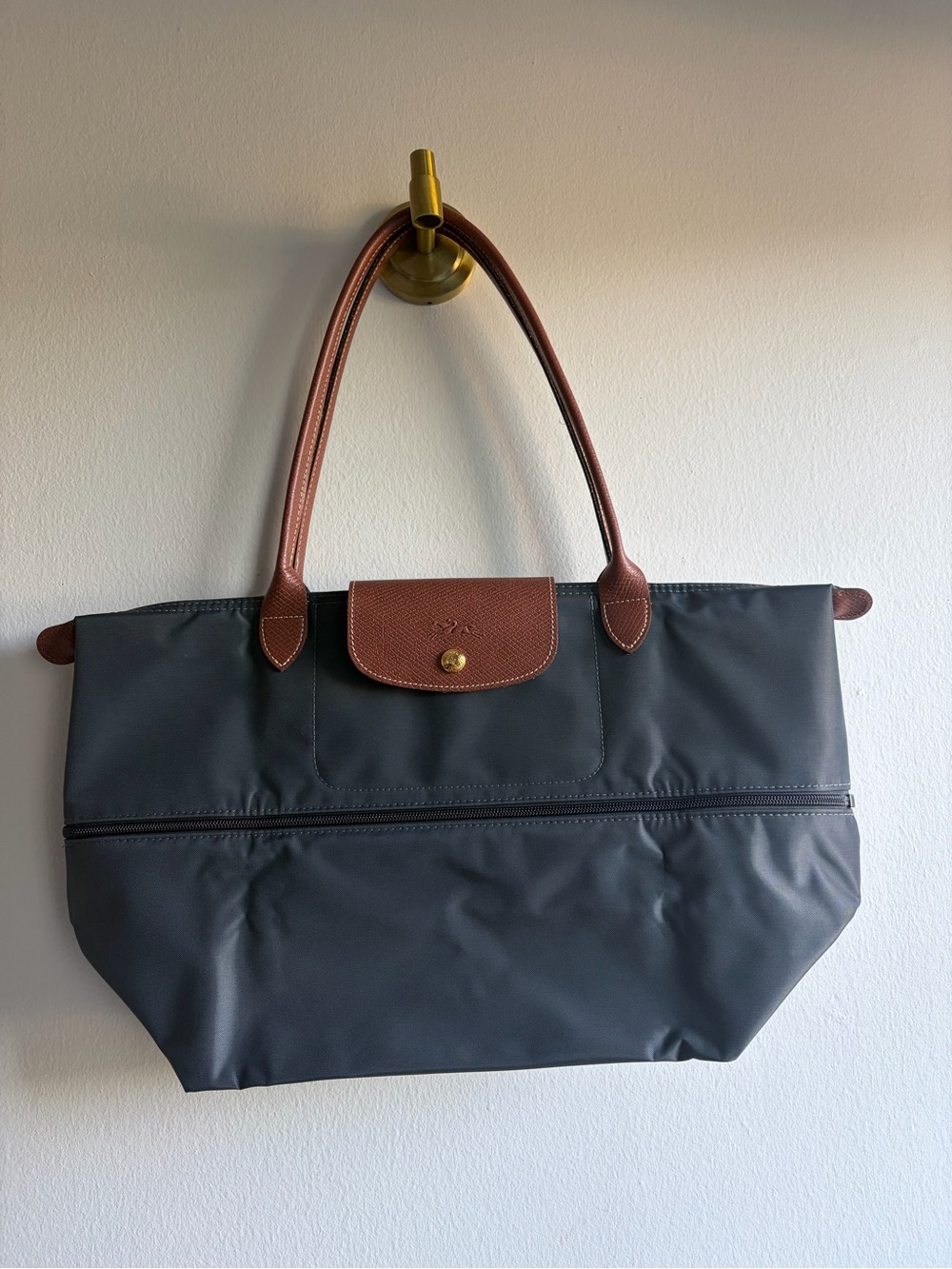 Longchamp Gray Tote with Brown Leather Trim